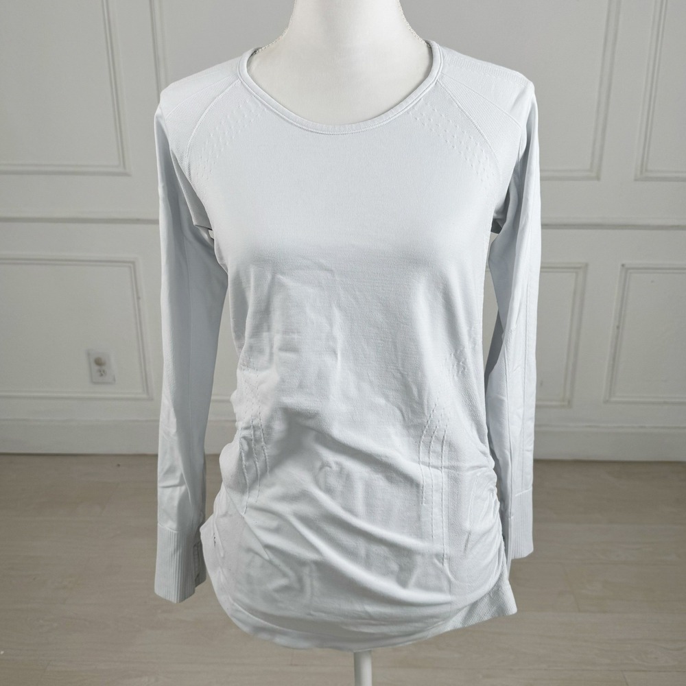 Athleta Momentum Top Women L Blue Long Sleeve Seamless Ruched Side Activewear